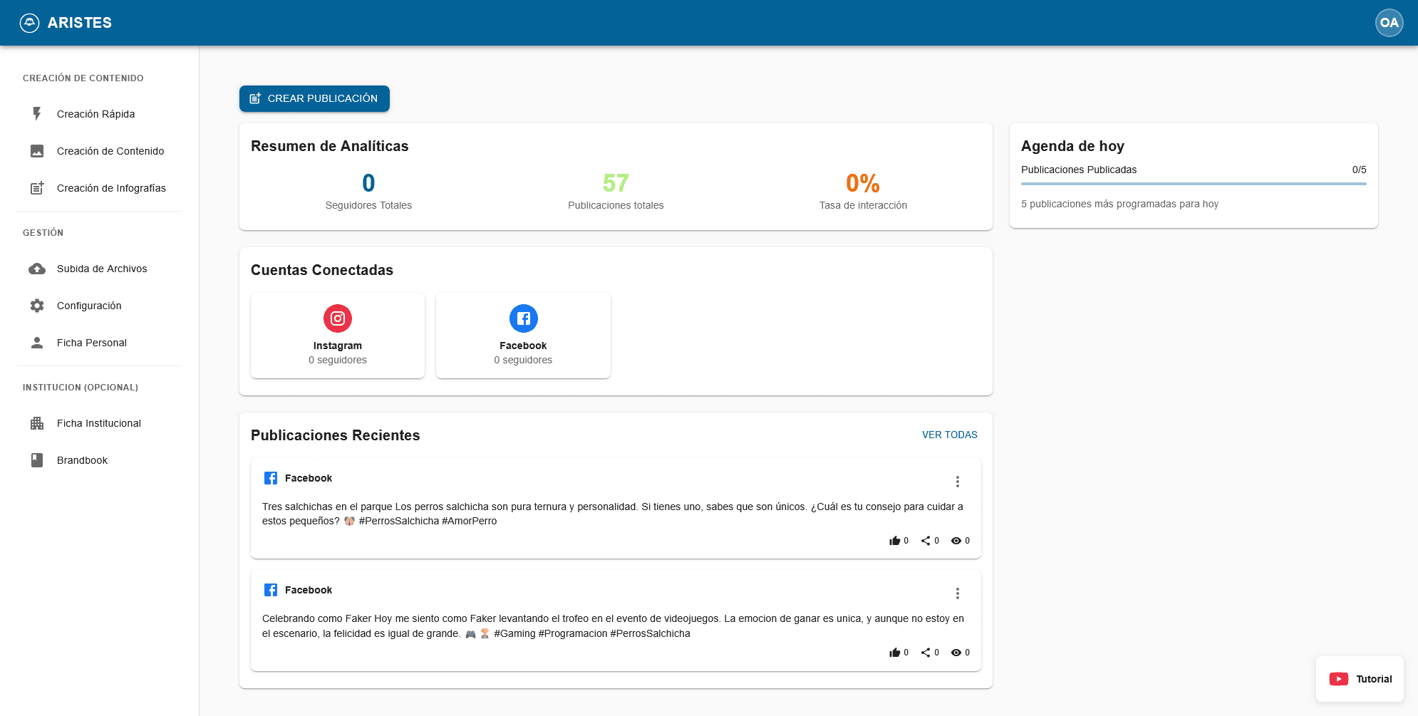 Dashboard de Aristes - Creación de contenido con IA